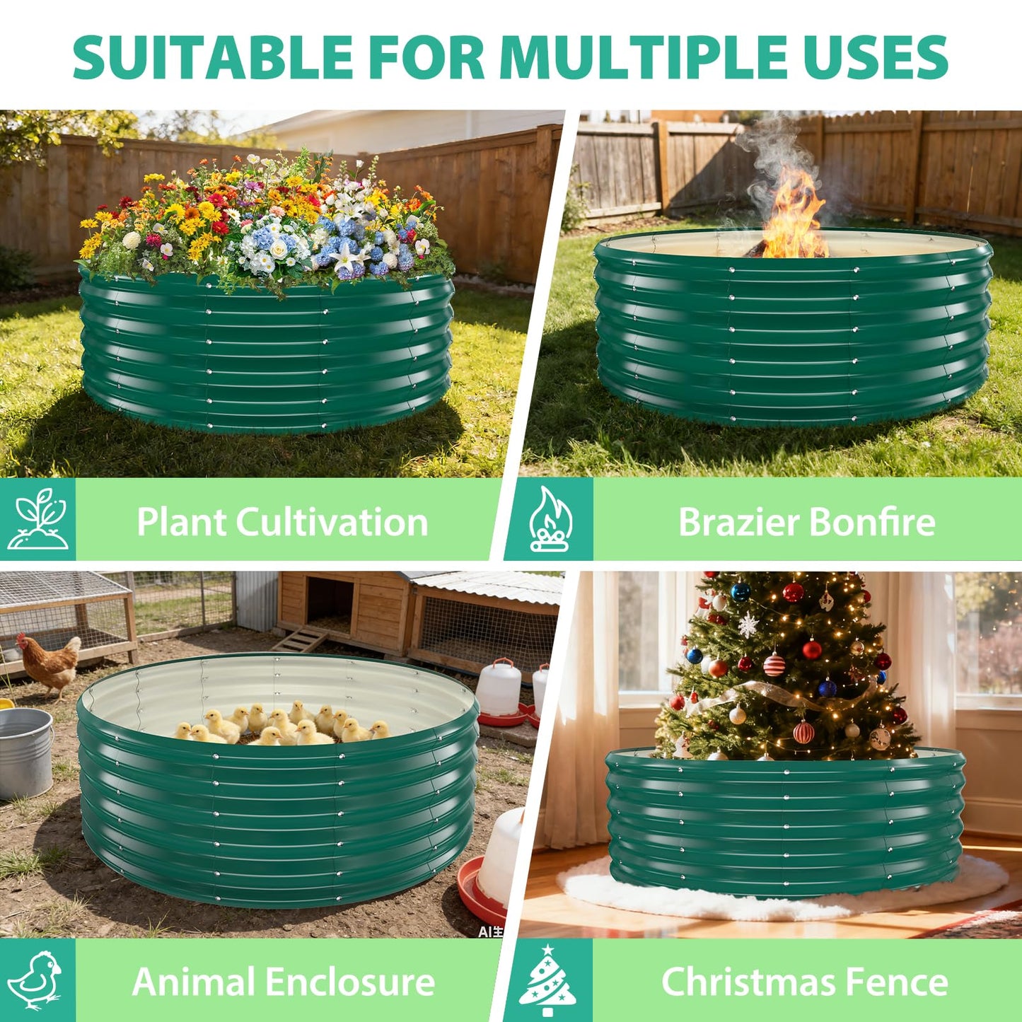 YSEJOMP 17" Tall Round Outdoor Garden Raised Garden Bed Kits-0.8MM Thick Metal Raised Planter Bed/Ground Planter Box for Variety of Flowers,Herbs,Vegetables,Trees (Dark Green, 48 Dia X 16.5inches)
