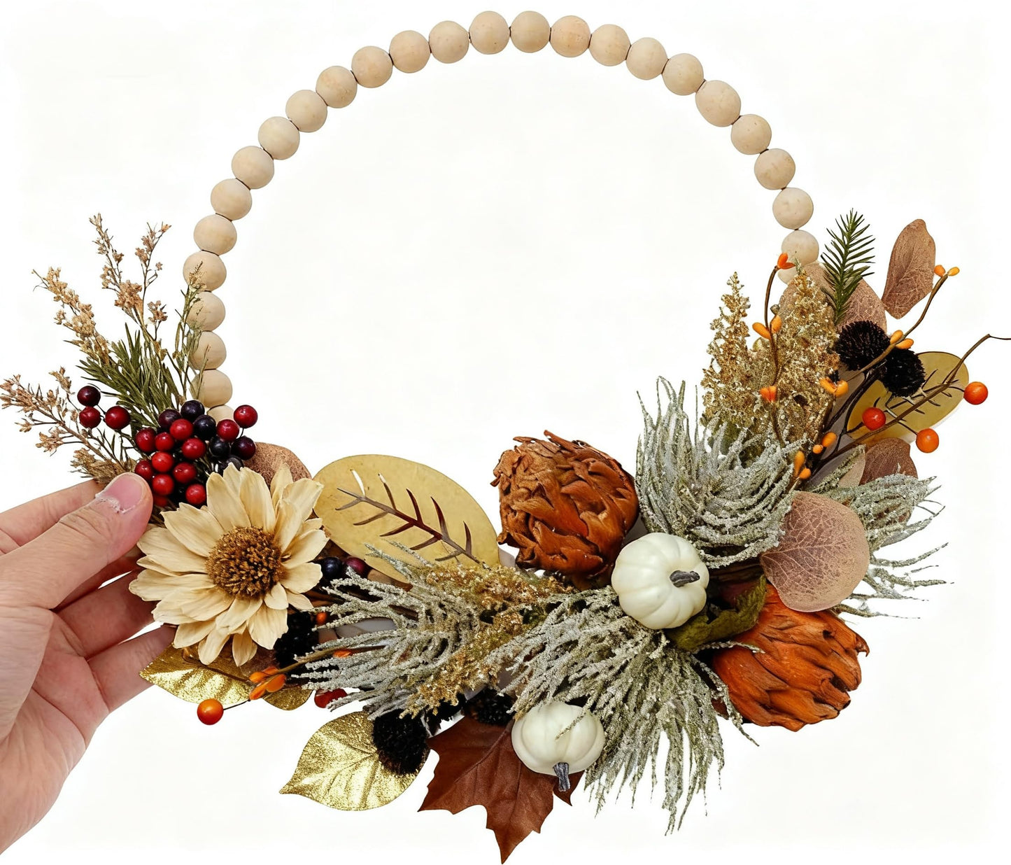 Toddmomy DIY Wood Bead Garland Set with Beaded Hoop Wreath 11.81In for Halloween Christmas Party Decoration and Creative Home Garden Craft Projects