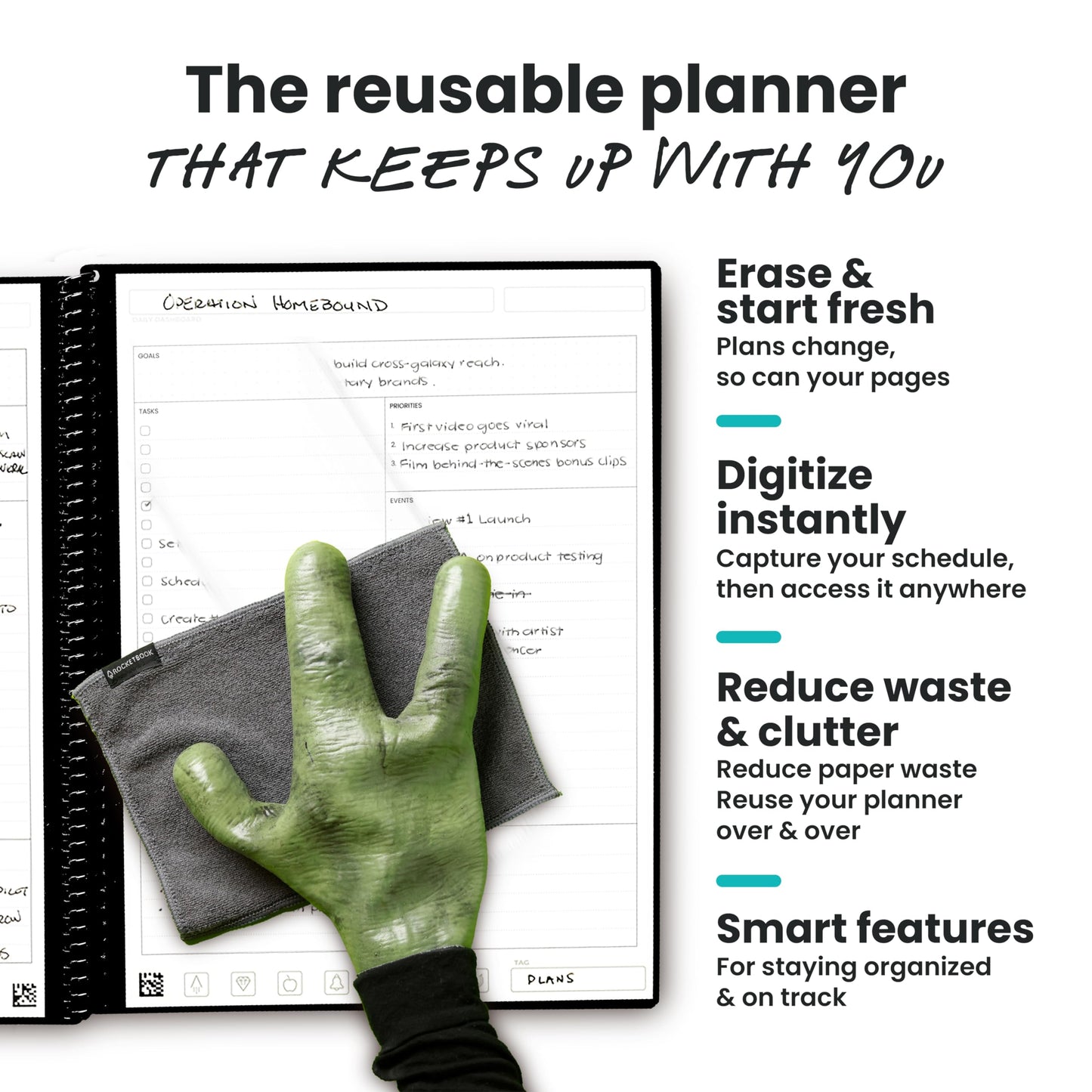 Rocketbook Flex Reusable Planner, Smart Undated, Daily, Weekly, Monthly, Annual Calendar Templates, Letter Size 8.5x11, Green (Pack of 1)