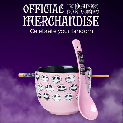 Silver Buffalo Disney Tim Burton's Nightmare Before Christmas Jack Skellington Different Emotions Faces Ceramic Ramen Noodle Rice Bowl with Chopsticks and Spoon, Microwave Safe, 20 Ounces