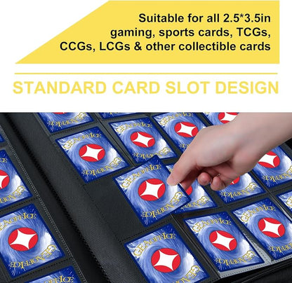 GEAoffice 16 Pocket Trading Card Binder for 1000+ Cards, Ringless Side-Loading 4x4 Card Binder with Zipper Closure, PU Leather 1024 Card Binder for MTG/TCG/Baseball/Sports&Game Cards, Yellow