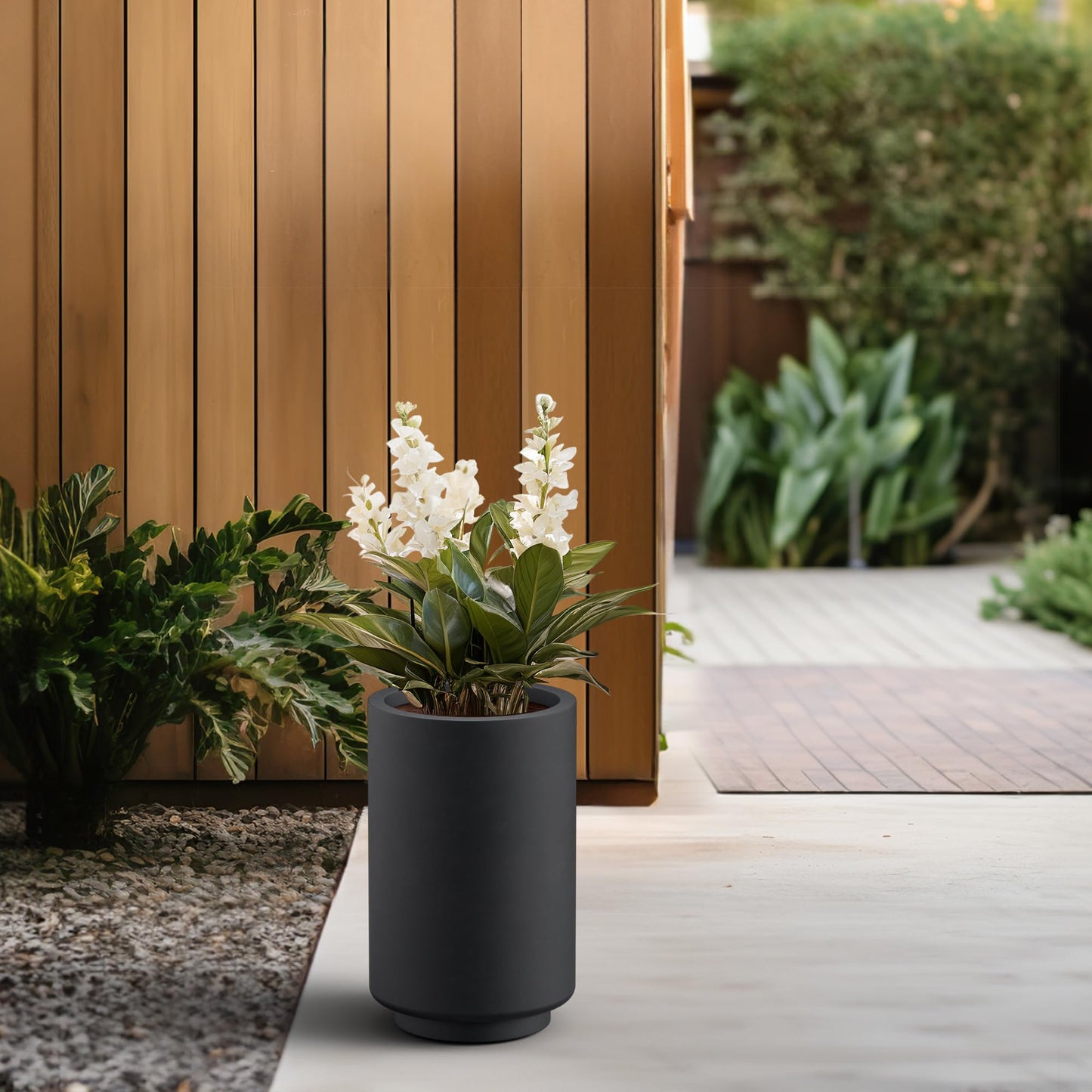 Kante 15.7 Inch Tall Concrete Planter, Round Pedestal Design Garden Pot for Indoor Outdoor Plants, Modern Garden Pot with Drainage Hole, Black Finish with Painted Interior