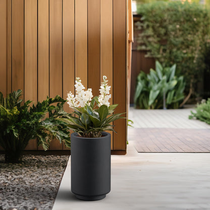 Kante 15.7 Inch Tall Concrete Planter, Round Pedestal Design Garden Pot for Indoor Outdoor Plants, Modern Garden Pot with Drainage Hole, Black Finish with Painted Interior