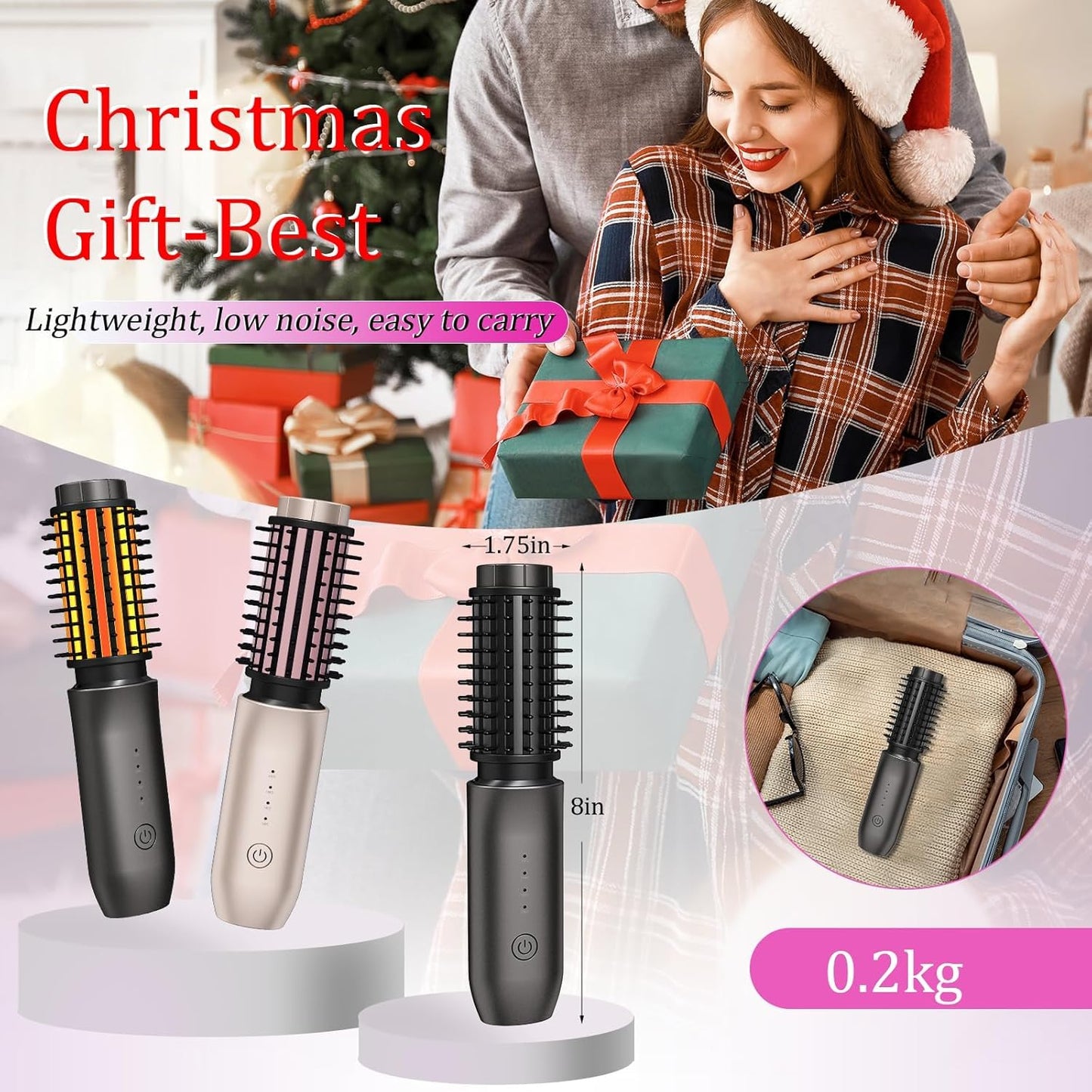 Cordless Hair Curling Iron Brush, Travel Curl Brush, 3-in-1 Portable Curling Iron Cordless, Plasma Thermal Hair Brush, 7000mAh USB Rechargeable Curlings Wand, Mini Hot Curlings Brush-Blush Pink