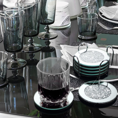 Jetec Mirrored Glass Coaster Set of 6 with 1 Holder 4" Crushed Diamond Round Cup Mat Glitter Crystal Rhinestone Glass Coaster Bling Table Decor for Bar Kitchen Gift for Christmas(Silver,4 Inch)