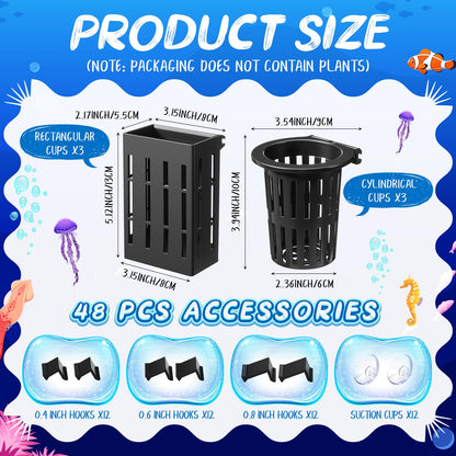 Chunful 6 Set Upgraded Large Aquarium Plant Holder Contain 6 Hanging Aquatic Pot with 36 Hooks and 12 Aquatic Planter Suction Cups for Fish Tank Aquarium Cultivation and Aquascape Decorations