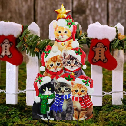 Cute cat Garden Insert, Christmas Art Decoration Yard Sign, Santa hat-Wearing Post, cat Stacking Fun Christmas Tree-Shaped pet Post, Outdoor Lawn Decoration