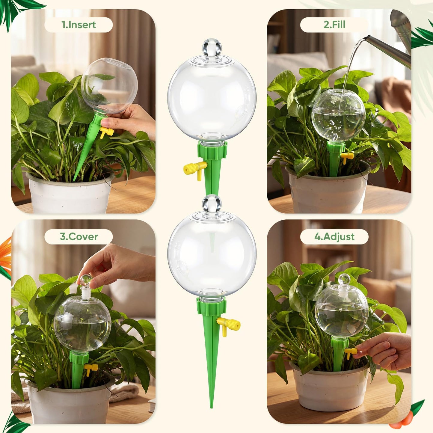 Acellegic 4 Pcs 17oz Plant Self Watering Globes for Indoor Outdoor Adjustable Plants Plastic Water Bulbs Top to Fill Plant Self Watering Planter Insert Water Devices System Spikes Stakes (Green)
