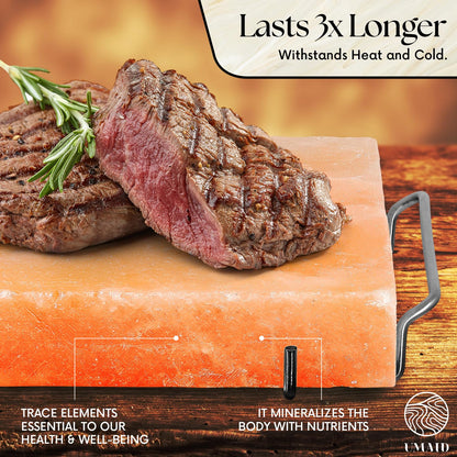 UMAID Himalayan Salt Block Cooking Plate 12x8x1.5 – Food Grade Pink Himalayan Salt Stone for Cooking, Grilling, Serving & Food Presentation – Includes Stainless Steel Tray & Recipe Booklet – Unique Gifts for Men & Dad Gifts for Fathers Day