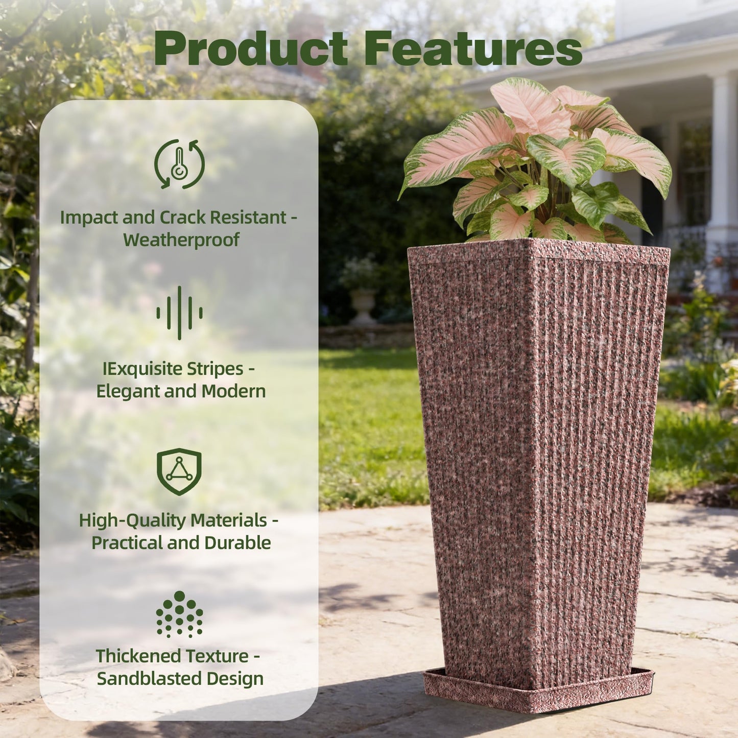 Trygoal 24" Square Tall Planters for Outdoor Plants Set of 2 - Faux Concrete Classic Tapered Indoor Flower Pots with Tray/Drainage Holes/Partition, Large Outdoor Planters for Porch Patio Garden, Brown