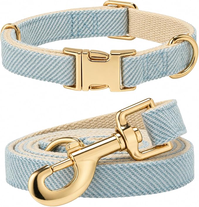 Herringbone Tweed Dog Collar and Leash Set for Large Dogs, Light Blue | Snag-free, no-rub design. Soft breathable cotton, gentle on fur. Adjustable durable matching combo for walks & outdoors.