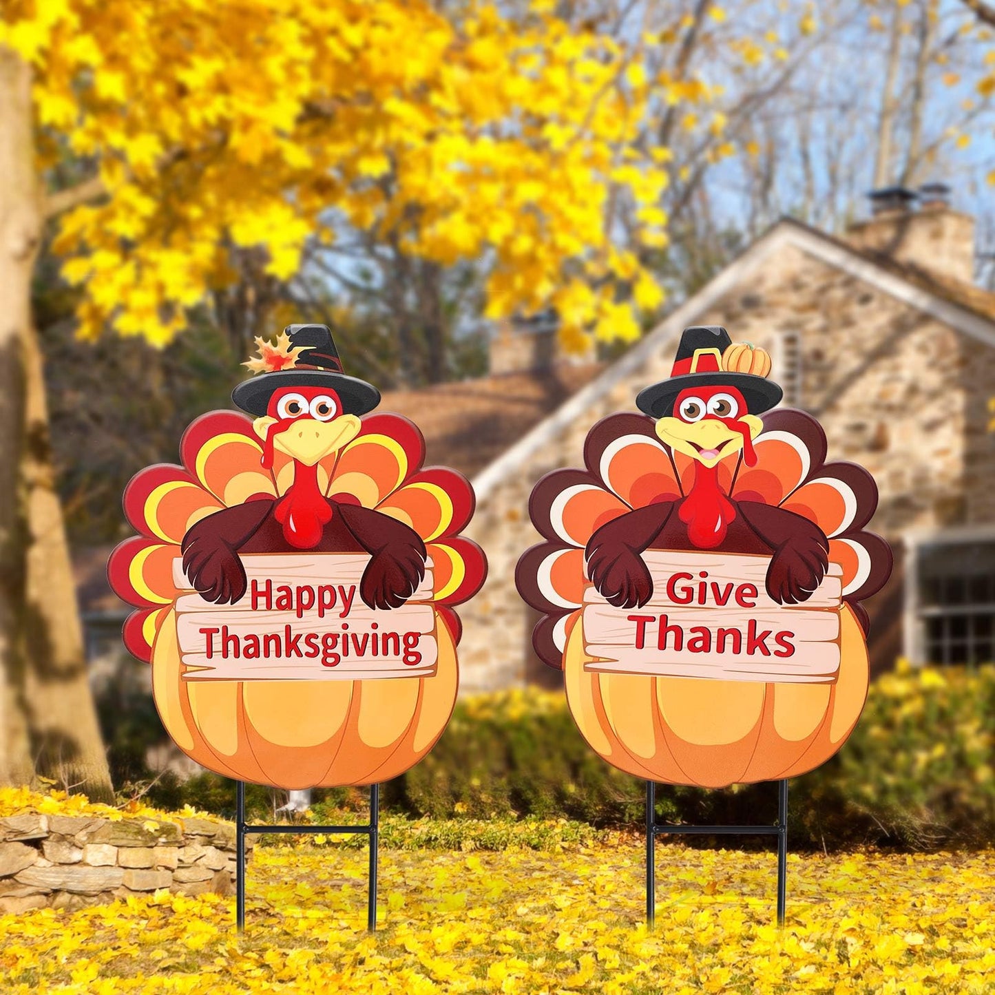 Whaline 2 Pack Fall Thanksgiving Metal Decorative Garden Stake Turkey Pumpkin Welcome Harvest Yard Sign Waterproof for Home Garden Yard Lawn Patio Backyard Walkway Decorations