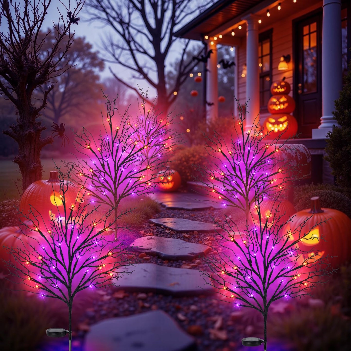 Halloween Solar Pathway Lights 4PCS, Halloween Outdoor Decorations, Artificial Tree Waterproof LED Lights for Lawn Yard Garden Driveway Porch Walkway, Auto On/Off