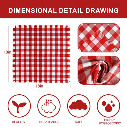 Red White Plaid Cloth Napkins with Fringe Set of 8, Buffalo Checkered Cotton Napkins Washable, Oversized Gingham Napkins, Christmas Dinner Napkins for Wedding, Parties, Thanksgiving, Dinner Decor