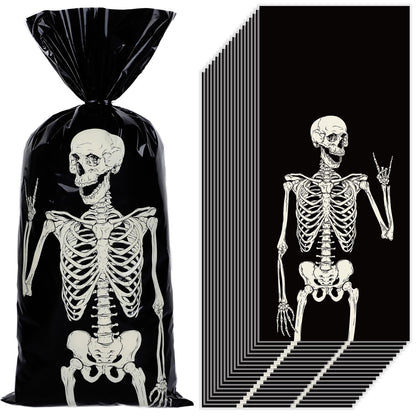 Whaline 150 Pcs Halloween Cellophane Gift Bags with 200 Pcs Twist Ties Funny Skeleton Party Favor Bags Candy Goodie Treat Bags for Trick or Treat Birthday Party Supplies
