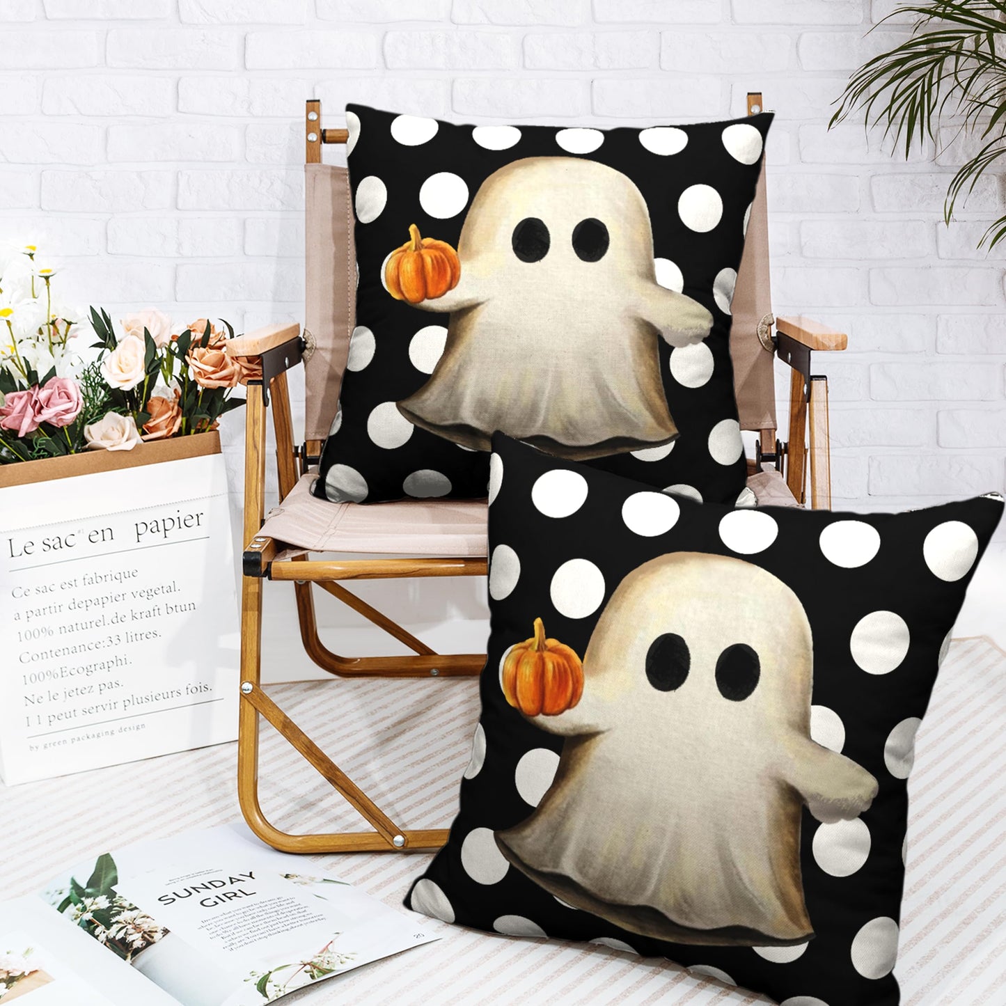 Kwlegh Ghost Pillow Covers Halloween Decorative Pillow Covers 18x18 Set of 2 Gus Ghost and Pumpkin Pillow Case White Polka Dot Spooky Throw Pillow Covers for Home Sofa Outdoor Decoration