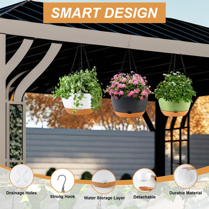 KPUVX 4 Pack Plastic Hanging pots for Plants Indoor,8 Inch Plant Pot Indoor Outdoor Hanging Baskets,Hanging Flower Pots with Drainage Holes and Chain for Garden Porch Plants(Black)