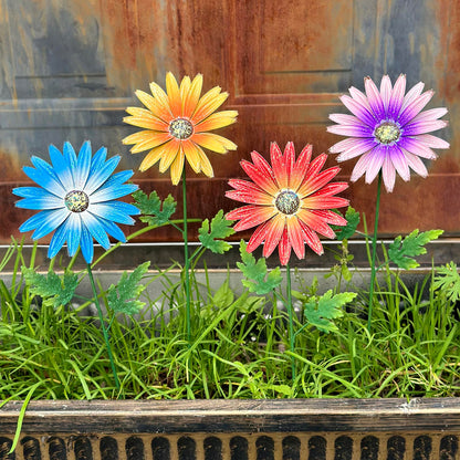 WKHOMEDECO Metal Flowers for Outside, 4 Pack Decorative Garden Stakes with Spring Design, 16.5 Inch Handmade Iron Outdoor Metal Garden Decor, Flickering Daisy Yard Art for Patio Lawn