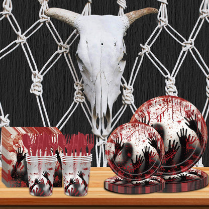 AWLZJZQA 168 Pcs Bloody Halloween Supplies Serve 24 Zombie Horror Halloween Birthday Party Decorations Scream Bloody Good Time Party Plates and Napkins Dinnerware Set Horror Movie Decorations
