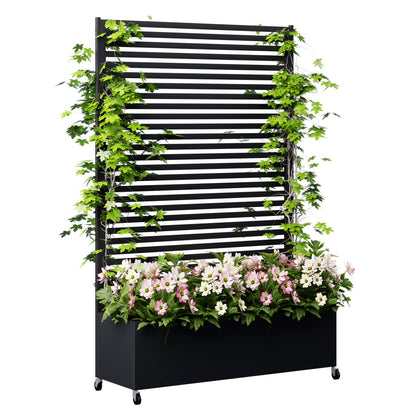 Sunnibety Metal Planter Box with Trellis Privacy Screen, Raised Garden Bed with Trellis & Wheels, Privacy Planters for Patio, Planter Box with Drainage Holes for Climbing Plants, 73"x 47"x 16", Black