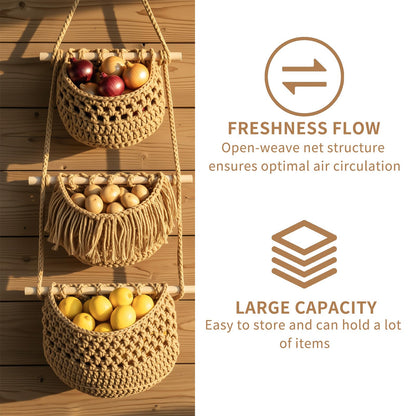 SFSSCDF 3 Tier Hanging Fruit Basket for Kitchen, Macrame Produce Hammock for Potato and Onion Storage, Handwoven Cotton Rope Wall Hanging Vegetable Baskets, Boho Kitchen Decor & Space Saver