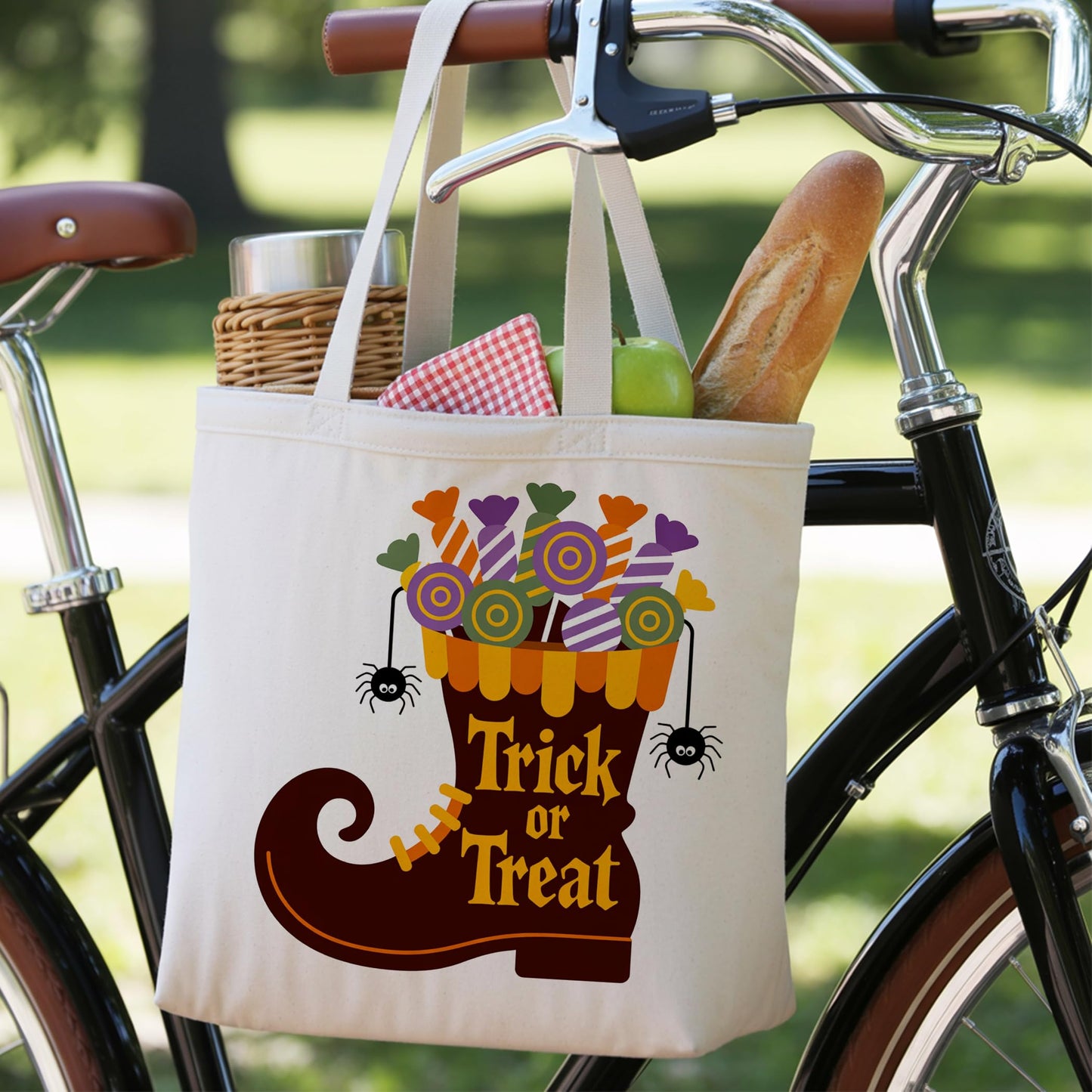 LRYBUD Trick or Treat Halloween Tote Bag for Women Canvas Womens Work Tote Bag Gifts