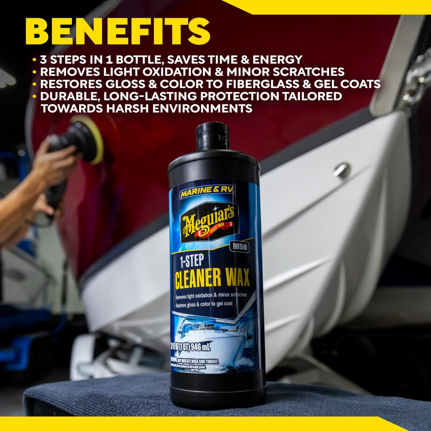 Meguiar's M5032 Marine/RV One Step Cleaner Wax, Easy-to-Use Marine Wax for Boats and RVs That Removes Light Defects, Restores Color Brilliance, and Protects the Surface, 32 Fl Oz