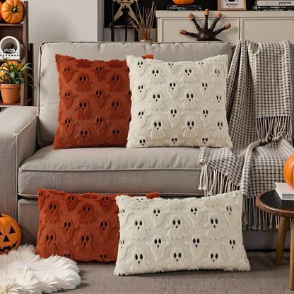 decorUhome Fall Halloween Ghost Pillow Covers 18x18 Inch Pack of 2 Soft Plush Faux Wool Textured Throw Pillow Covers Cute 3D Ghost Decorative Cushion Cases for Couch Sofa Bedroom Home Decor, Beige