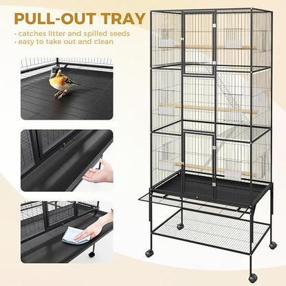69" H Large Bird Cage, Bird Cage with 3-Tier Platforms, Ladders, Perches, Feeder, Wide Birdcage for Parakeets, Conures, Lovebirds, Quaker, Cockatiels, Budgie, Black