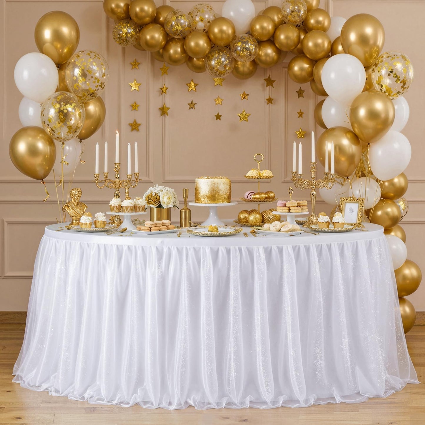 Besutolife 6FT Tulle Table Skirt for Rectangle Tables White 3-Layer Tutu Desk Skirts Ruffled Shimmer Table Skirting for Birthday Wedding Parties Gender Reveal Baby Shower Cake Dessert Table Decor