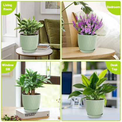 LESOASIS Plastic Plant Pots 10/9/8/7.5/7 inch Set of 5, Flower Planters with Drainage Holes and Saucers, Plastic Pots for Indoor Outdoor Plants, Livingroom Garden Decor (Green)