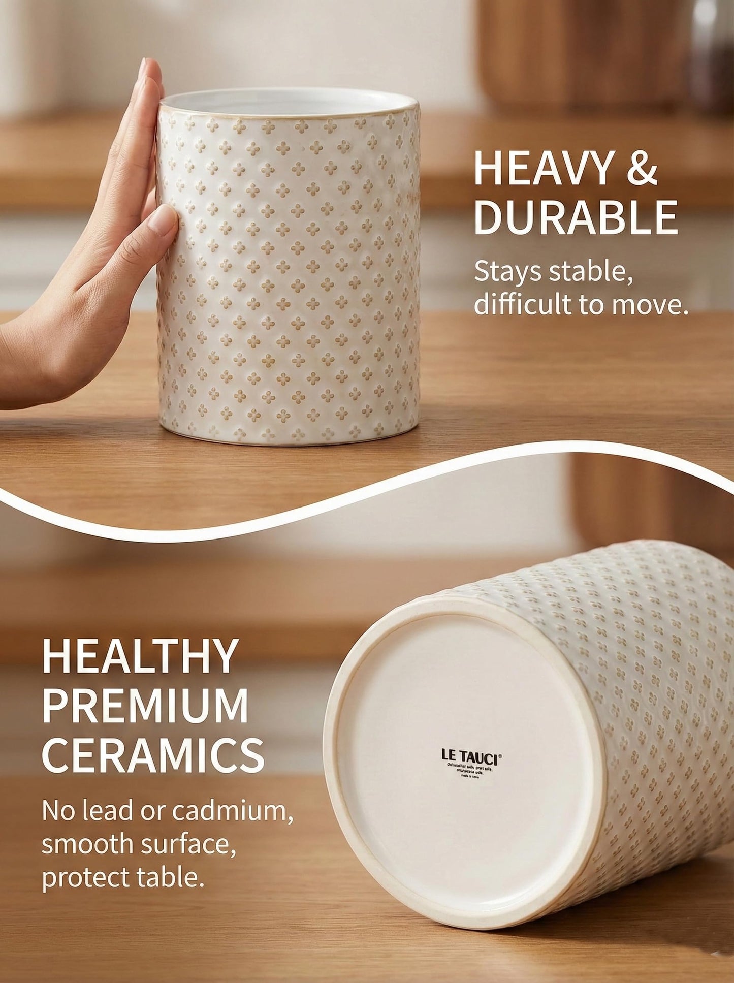 LE TAUCI Utensil Holder for Kitchen Counter - 7.1" Large Ceramic Utensil Crock, Cooking Utensil Organizer for Spatula, Spoon, Whisk - Farmhouse Kitchen Countertop Storage, Embossed, Clover