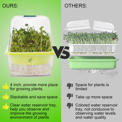 Microgreen Growing Trays, 5" x 5" Sprouting Tray with Humidity Dome, 1.2 mm Small Mesh Holes, BPA Free, Sprouter Kit for Growing Mirco Seeds, Like Broccoli, Alfalfa, Radish, Clover - 4 Pack | Clear