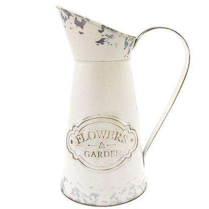 Soyizom Farmhouse White Metal Jugs for Shabby Chic Kitchen Decor, Tall Pitchers for Flowers, Rustic Bathroom Vases - Large, 11 H