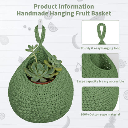 3 Pack Boho Decor Hanging Friut Baskets for Kitchen, Handwoven Cotton Wall Baskets with Hooks 3 Sizes, Hanging Holder Teardrop Produce Basket for Fruit Vegetable Potato Onion Storage, Beige & Green
