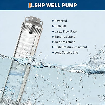 Deep Well Submersible Pump, 1.5HP 110V/60Hz, 27GPM Flow 259ft Head, with 33ft Electric Cord & Check Valve, 4" Stainless Steel Water Well Pump for Industrial,Irrigation,Home Use, IP68 Waterproof Grade