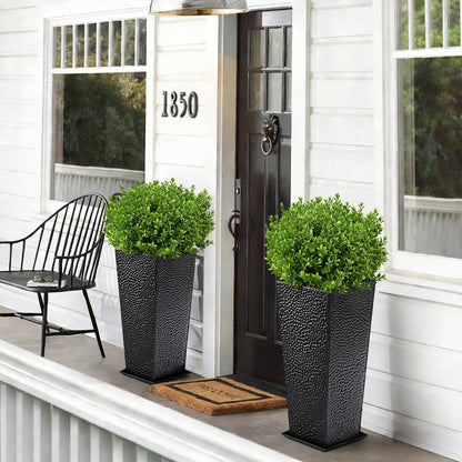 BAYN 2-Pack 24" Tall Metal Planter – Hand-Hammered Textured Large Black Flower Pots Box with Saucer for Outdoor&Indoor, Garden, Porch, Patio, Yard with Pre-Drilled Drainage Holes