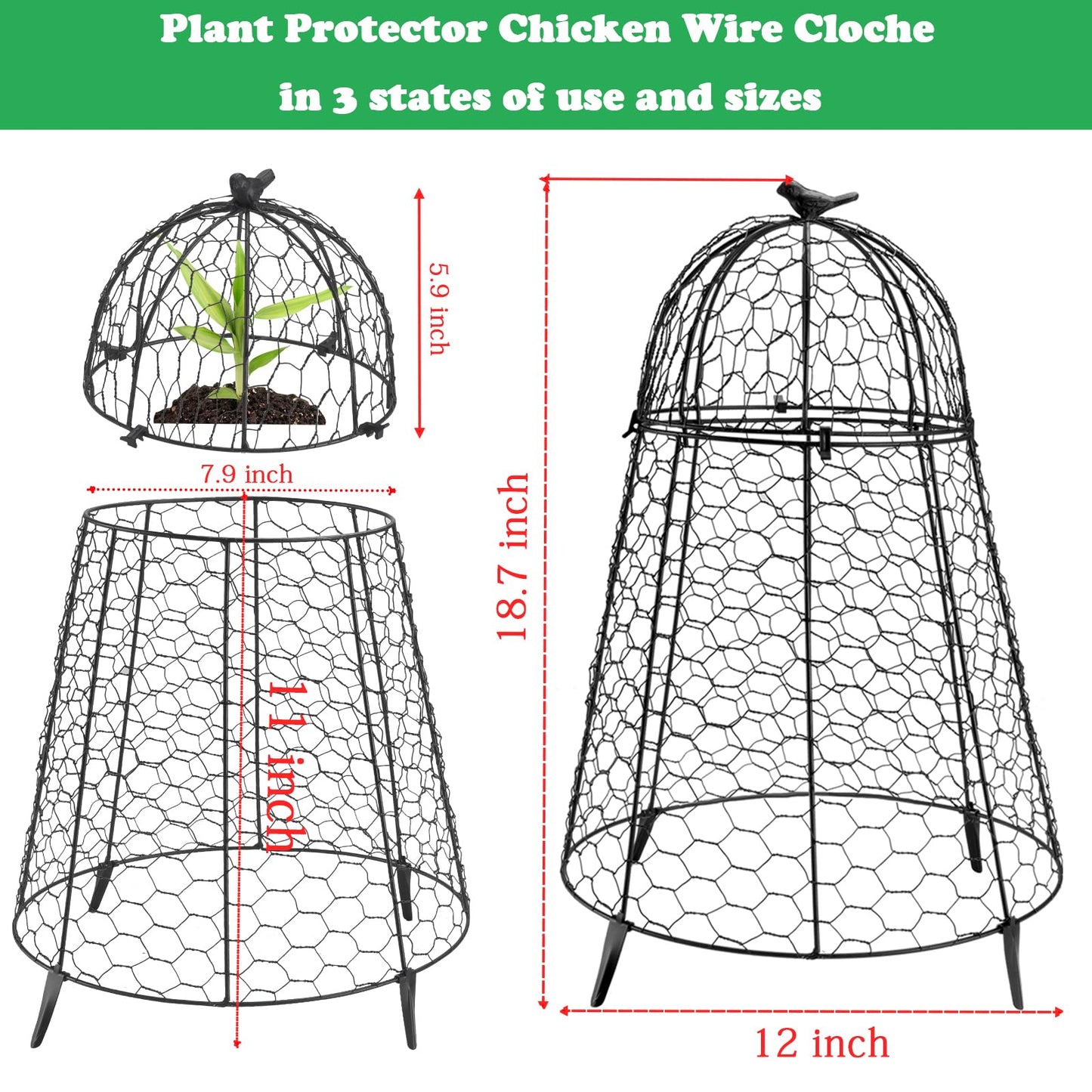 COATTOA Plant Protector Chicken Wire Cloche 4 PCS, Plant Protectors from Animals, 18.7×12 Inch Large Garden Cloches for Plants, Sturdy 2-in-1 Cloche Dome for Plants, Plant Protectors for Easy Pruning