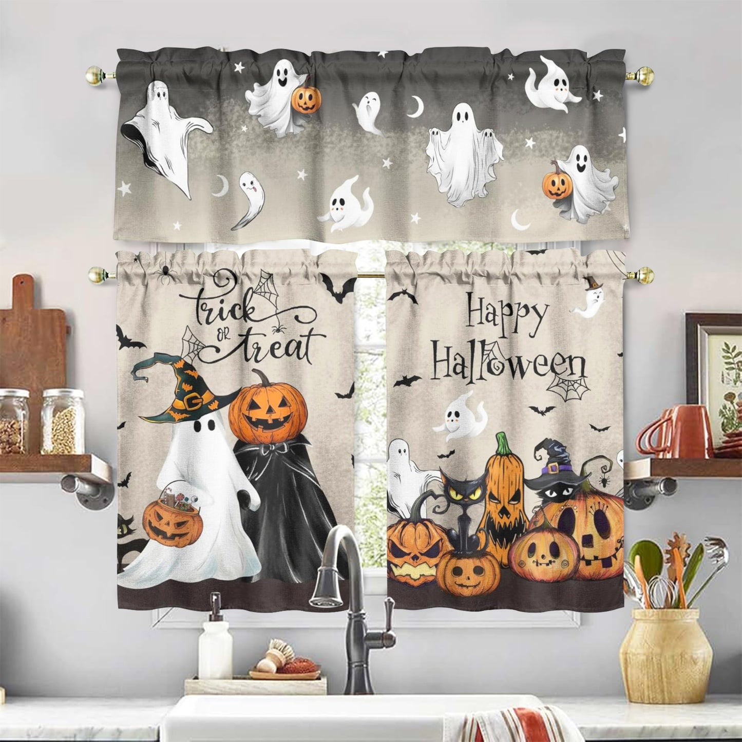 Miffrank Halloween Kitchen Curtains and Valance Set of 3, Ghost Pumpkin Kitchen Window Tier Curtains Farmhouse Window Valances Rod Pocket Panels for Halloween Home Decor
