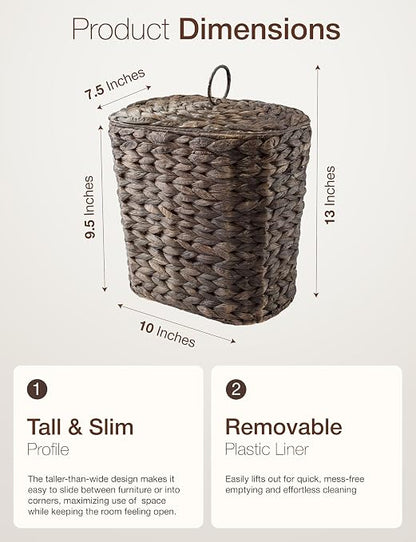 Tidita 1.5 Gallon Wicker Waste Basket with Lid, Removable Liner, Iron Frame | Water Hyacinth Construction, Hand-Woven, Removable Lid, Isolates Odors, Plastic Removable Liner, Iron Frame, Black Color