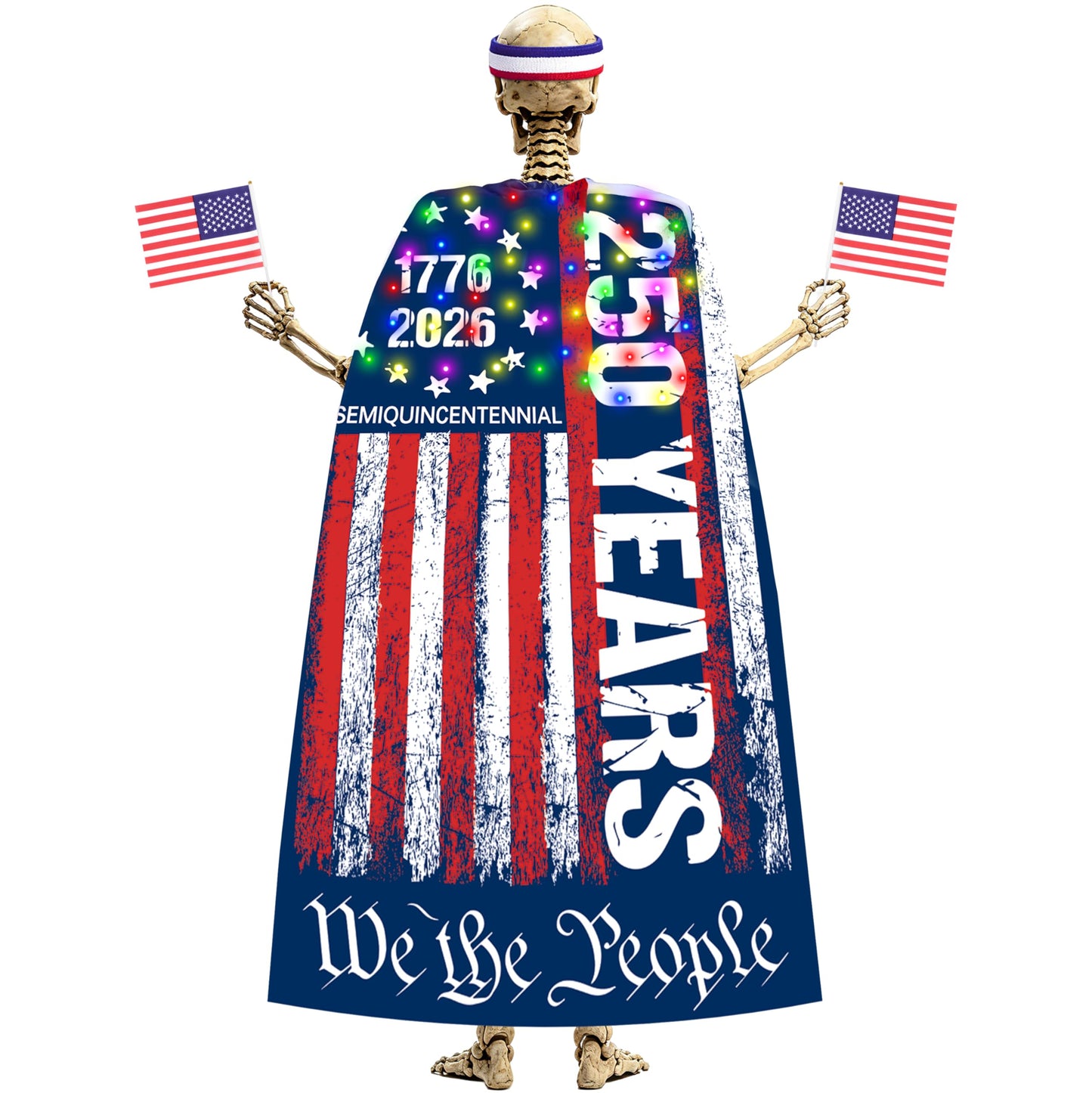 MUDEREK Light Up American Flag Cape for 12 ft Skeleton – Patriotic Independence Day Accessories, LED 250th Anniversary Giant Skeleton Costume Cloth for 4th of July Outdoor Decorations