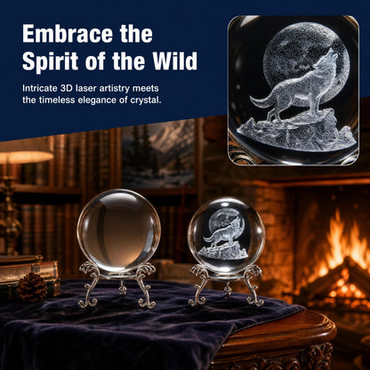 vskikris 2 Crystal Balls with Silver Stands - 3D Laser Engraved Wolf & Moon & Clear Crystal Sphere Set, Decorative Paperweights, Home & Party Decor, Photography Props, for Men & Nature Lovers