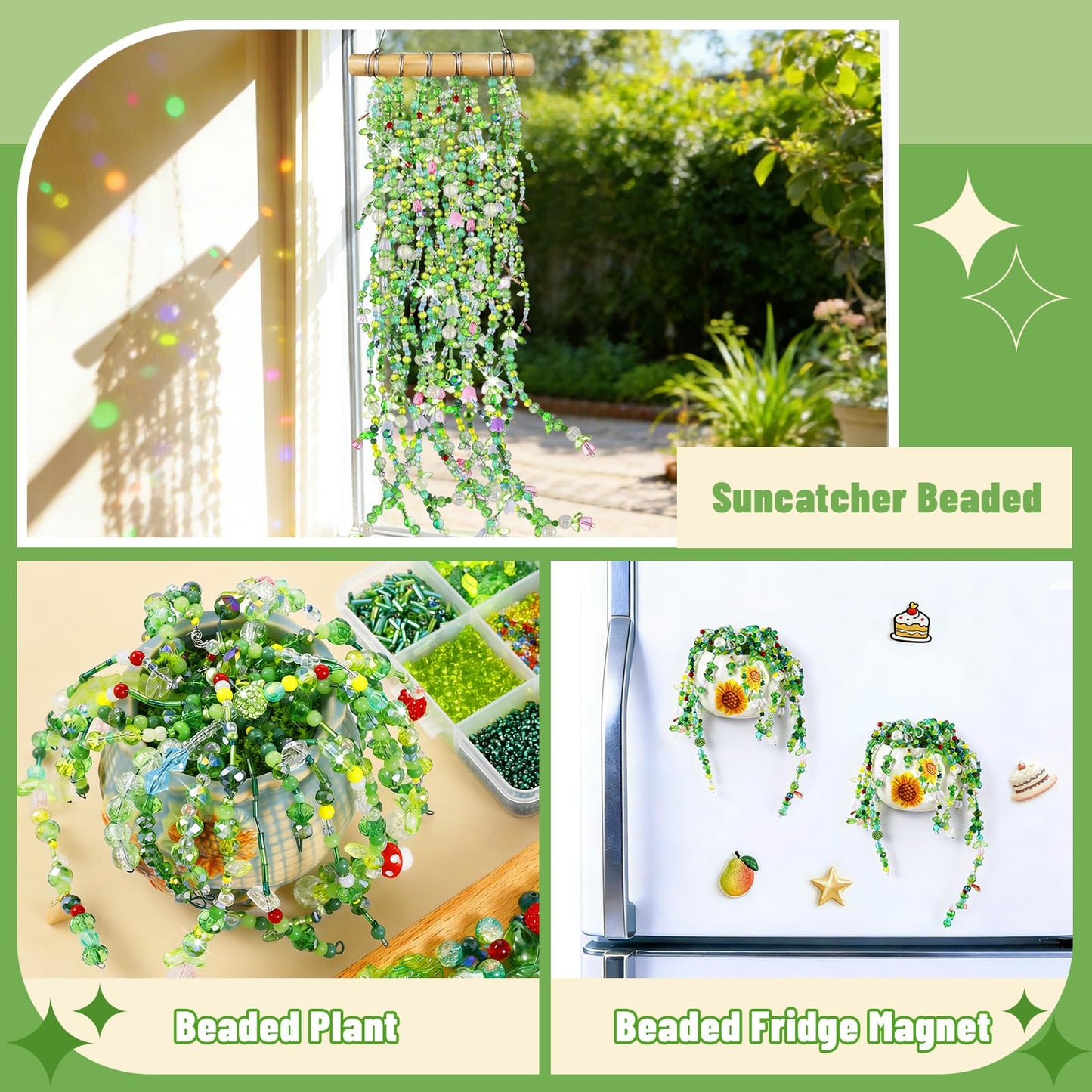 5057 Pcs Beaded Plant Kit Forever Plant Kit for Mirror Disco Ball Planter Making,Green Beads for Beaded Plants with Hanging Chain,Green Glass Leaf Beads Forever Plant Beads for Plant Making DIY Craft
