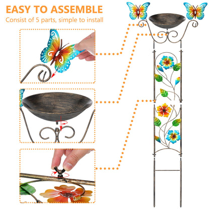 SUNNYPARK Bird Bath with Trellis Outdoor, Antique Garden Iron Plant Trellis with Decorative Floral-Butterflies Detachable Bird Bath Bowl Metal Potted Plants Support for Climbing Flowers