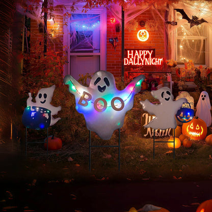 HONGLAND Solar Powered Halloween Yard Stakes, 3 Pack 24" Metal Outdoor Decor with Ghost, Pumpkin and Cauldron for Garden, Lawn, Patio