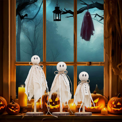 Wooden Ghost Halloween Decorations Indoor– Set of 3 Sizes Rustic Shelf Sitters with Fabric Ghost Figures – Halloween Table Decor for Tiered Tray, Mantel, Halloween Party Supplies（White）