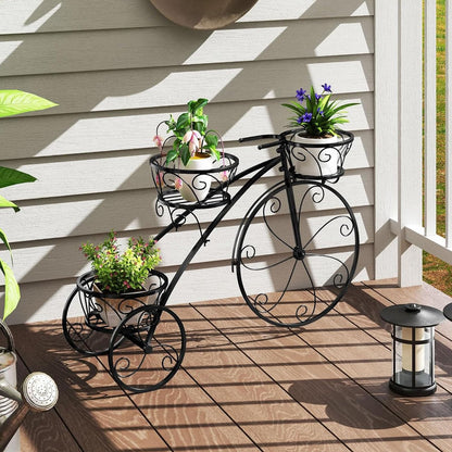 Planter Potted Holder Tricycle Plant Stand, Parisian Style Flower Display Stand Cart,3-Tier Metal Plant Stand Bicycle Flower Pot Cart with Hollowed Baskets for Patio,Garden,Deck,Lawn(Black)