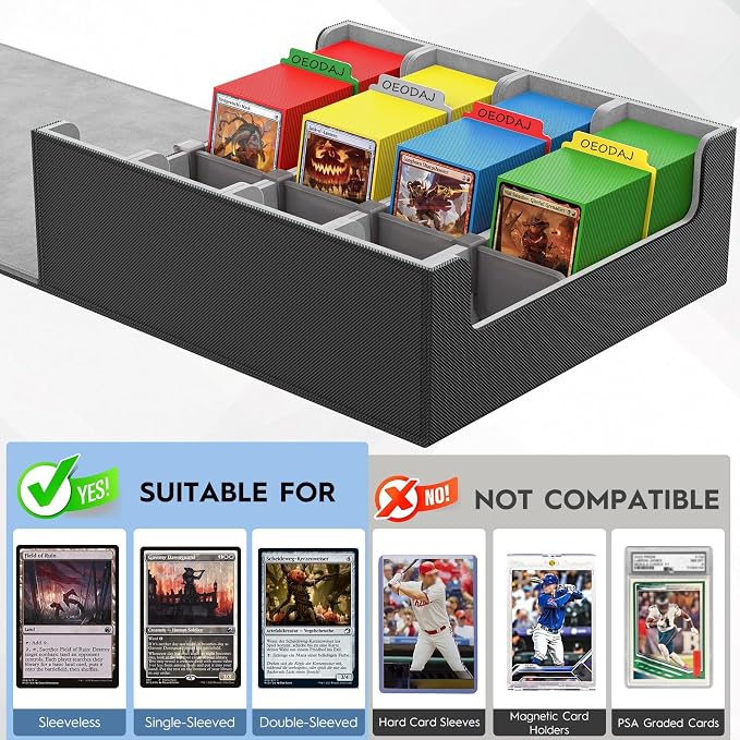 Trading Card Storage Box, 3200+ MTG Card Storage, 4 Row TCG Card Organizer Box with 24 Colorful Dividers and 4 Stands, Bulk PKM Storage, Deck Case Holder Fits for YuGiOh, Game Cards (Black & Gray)