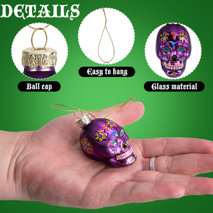 12 Pcs Day of The Dead Glass Ornaments- Dia De Los Muertos Sugar Skull Decorations- Halloween Hanging Skeleton Head Ornaments for Parties Xmas Tree Decoration