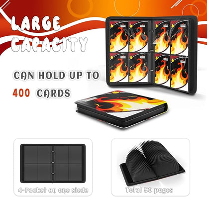 Trading Card Binder 4 Pocket, Card Binder 400 Pockels Card Book Holder Cards with 50 Removable Sleeves, 3-RingZip Design MTG/TCG/Sport Collectible Trading Card Albums Gifls for Boys and Girls (Fire）